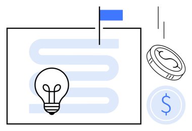 Lightbulb next to a winding path ending in a flag, with a falling coin and dollar sign. Ideal for business strategy, creativity, goal setting, innovation, financial growth, entrepreneurship, simple