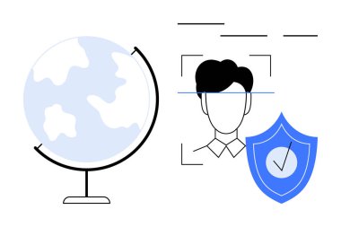 Globe, biometric facial recognition icon with person silhouette, and security shield emphasize digital identity. Ideal for cybersecurity, data protection, global connectivity, biometrics