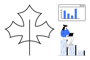 Maple leaf merged with digital analytics chart and woman on bar graphs. Ideal for growth, sustainability, eco-business, technology, analysis, statistics, corporate strategy. Simple flat metaphor