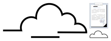 Large outline of a cloud and a small clipboard document with a signature icon. Ideal for data storage, cloud solutions, digital contracts, information security, document sharing, technology, simple