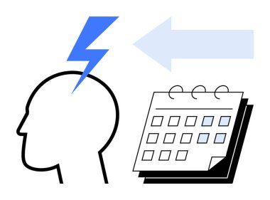 Silhouette head hit by lightning bolt next to an arrow pointing to a calendar. Ideal for innovation, planning, scheduling, brainstorming, deadlines, creativity, and productivity. Clean flat metaphor