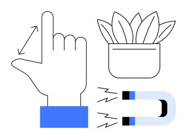 Hand pointing with size indicator, potted plant for growth, and horseshoe magnet for attraction. Ideal for innovation, growth, sustainability, interaction, science minimalism digital tools. Simple