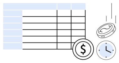 Table with rows and columns, coins, and clock demonstrating financial tracking, budgeting, expense management, time value, productivity, planning and workflows. Ideal for finance time management