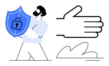 Man holding a blue shield with lock icon, representing protection and cybersecurity, next to handshake outline. Ideal for safety, trust, cooperation, security, online privacy, agreements digital