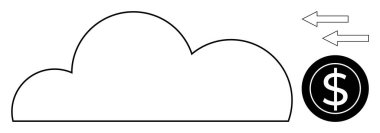 Large cloud, a dollar sign in a circle, and two arrows indicating movement. Ideal for finance, cloud computing, economy, transactions, data storage technology digital business. Simple flat metaphor