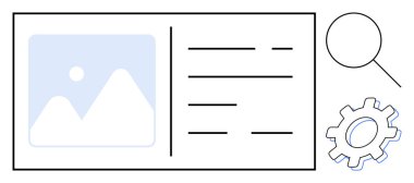 Document with image thumbnail and text layout beside magnifying glass and gear. Ideal for research, optimization, configuration, navigation, data, development, strategy. Simple flat metaphor