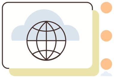 Globe over cloud backdrop, layered rectangles, and dots. Ideal for technology, communication, cloud computing, globalization, data sharing digital networking modern collaboration. Simple flat