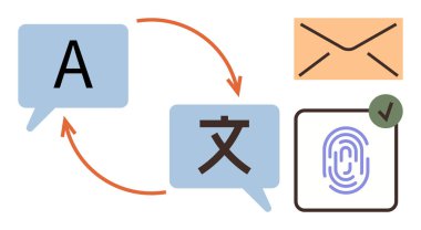 Speech bubbles with language symbols connected by arrows, envelope icon, fingerprint authentication, verification checkmark. Ideal for communication, translation, security, technology, email global