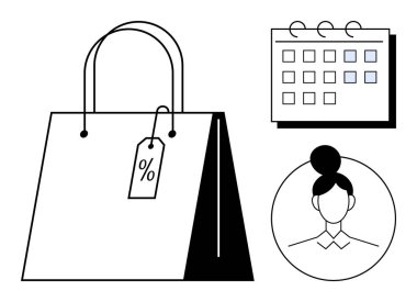 Shopping bag with percentage tag, calendar indicating date planning, and female avatar. Ideal for retail, sales, scheduling, e-commerce, promotions fashion customer journey. Simple flat metaphor