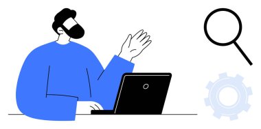 Man seated at desk with laptop raising hand in gesture of collaboration. Nearby magnifying glass and cogwheel representing search, productivity, and analysis. Ideal for tech, cooperation, workflow