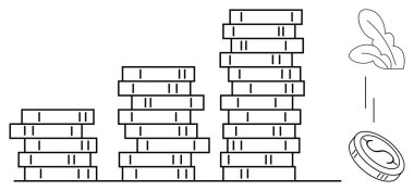 Stacks of coins grow in height, representing financial growth. Falling coin and sprouting plant suggest investment, savings, wealth building, success, entrepreneurship, economic progress, simple flat