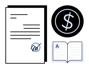 Signed document, dollar symbol inside circle, open book with text. Ideal for business, contracts, education, finance, agreements legal services learning. Visualizes a simple flat metaphor