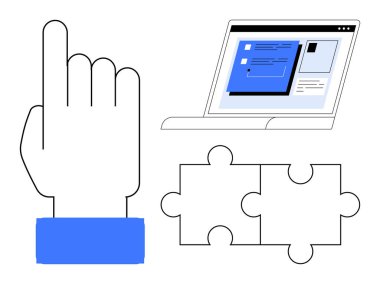 Hand pointing, laptop screen with content, and puzzle pieces convey interactivity, digital tools, and problem-solving. Ideal for teamwork, technology, innovation, learning decision-making user