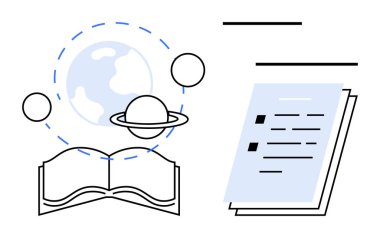 Open book with a globe, planets, lines symbolizing exploration, alongside document pages. Ideal for education, science, learning, discovery knowledge research creativity. Clean flat design