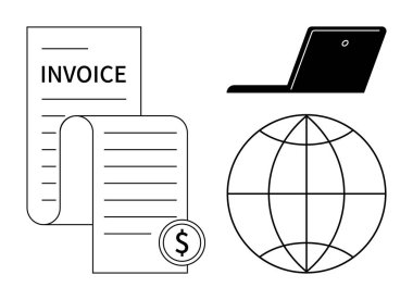 Invoice with dollar coin, laptop for digital access, and globe for international scope. Ideal for finance, billing, e-commerce, business, global transactions, online services simple flat metaphor