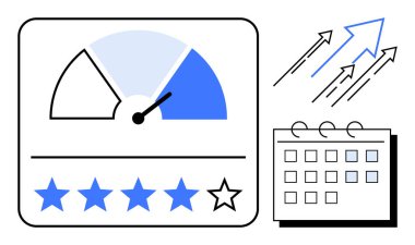 Gauge with blue measure, star ratings, upward arrows for growth, calendar for scheduling. Ideal for performance evaluation, progress tracking, goal setting, time management, efficiency productivity