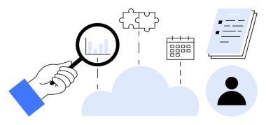 Magnifying glass inspecting bar graph over cloud, puzzle piece, calendar, file documents, user icon. Ideal for data management, cloud computing, planning, teamwork analytics organization