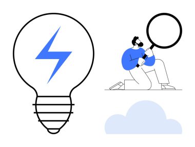 Man kneeling with magnifying glass beside a light bulb featuring a lightning bolt, signifying innovation, research, discovery, problem-solving, insights, creativity, and brainstorming. Ideal