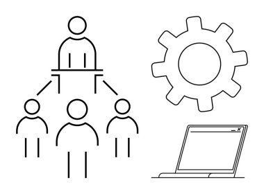 Hierarchical team structure connected to a leader, gear symbolizing processes, and a laptop representing technology. Ideal for teamwork, leadership, organization, technology, processes, management