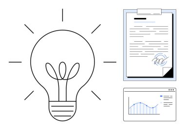 Light bulb symbolizing idea, signed document, and graph showing growth trends. Ideal for innovation, strategy, business planning, startups, decision-making agreement modern design. Simple flat