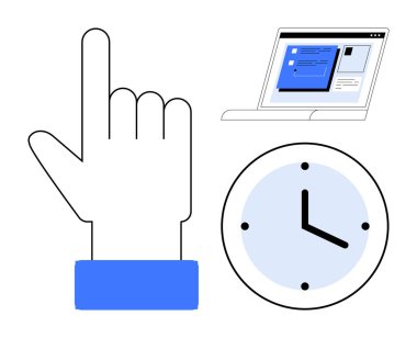 Hand pointing upward, laptop with a digital interface, and clock indicating productivity tips, focus, and deadlines. Ideal for time management, multitasking, workflow, scheduling efficiency