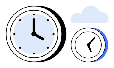 Two analog clocks, one large with a blue shadow and one small, alongside a pale blue cloud. Ideal for time management, scheduling, productivity, punctuality, cloud services, modern technology
