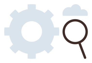 Magnifying glass next to a gear and cloud icon representing search, technology, innovation, teamwork. Ideal for business, mechanics, progress, cloud computing analysis research. Minimalist flat