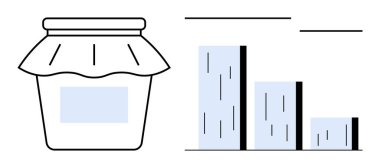 Jar with fabric cover and blank label beside bar graph in minimal style. Ideal for business, growth, analysis, agriculture, economy, sustainability, and minimal concepts. Simple flat metaphor