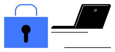 Black laptop and blue padlock emphasizing online safety, security. Ideal for cybersecurity, data protection, IT, privacy awareness, secure access, technology trust themes. Simple flat metaphor