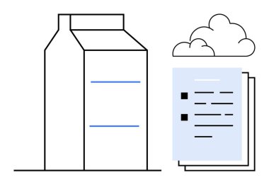Milk carton beside files and a cloud highlighting data storage, order, and sustainability. Ideal for food industry, organization, cloud technology, documentation, sustainability, eco-conscious