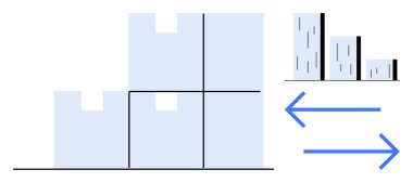 Stacked blocks forming a chart, smaller bar graph transitioning, blue arrows showing flow. Ideal for analysis, comparison, data transformation, charting, workflow, strategy simple flat metaphor