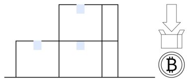 Stacked boxes symbolize logistics, alongside an arrow directing to a box and a Bitcoin icon. Ideal for blockchain, cryptocurrency, logistics, e-commerce, financial technology, digital trade, supply