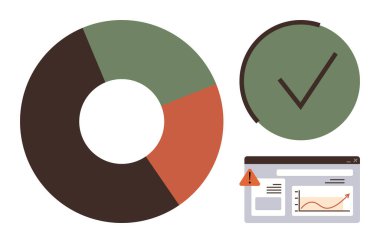 Pie chart with segmented sections, checkmark in a circle, and dashboard with alert icon and line chart. Ideal for business data, analytics, project review, progress tracking, decision-making, report