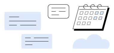 Calendar with marked events, blue note cards, and cloud icon representing organization, planning, reminders, productivity, teamwork, cloud storage, and time management in a simple flat metaphor