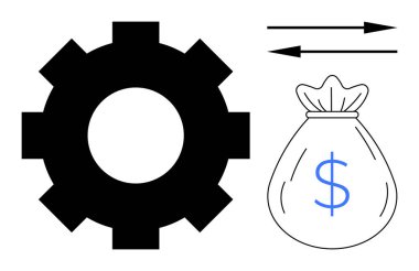 Large gear beside bag with dollar sign and two directional arrows indicating economic outputs, trade, finance, and income generation. Ideal for investment, business, economics, productivity, trade