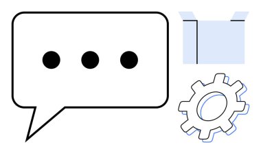 Speech bubble with three dots, open box, and gear suggest communication, problem-solving, innovation, brainstorming. Ideal for business, teamwork, creativity technology strategy productivity