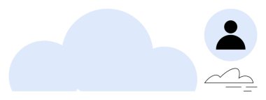 Large cloud with a user profile icon and small lines indicating movement or connection. Ideal for technology, data storage, networking, privacy, digital services, cloud computing, simple flat