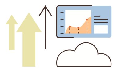 Arrows indicating growth, a line graph with data points on a digital screen, and a cloud outline. Ideal for growth, analytics, technology, data, success innovation modern business. A simple flat