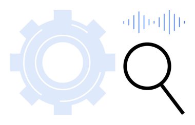 Gear illustrating process optimization, magnifying glass symbolizing analysis, sound wave for data or voice signal. Ideal for engineering, technology, research, innovation, diagnostics, audio