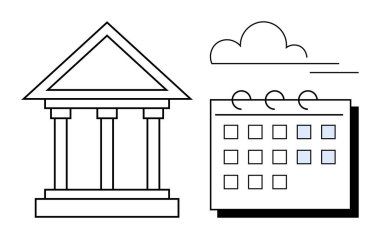 Classic government building with three pillars and adjacent calendar. Cloud suggests time, scheduling, or future planning. Ideal for government organization, event management, policy timelines