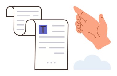 Metin ve el hareketi içeren parşömen parşömenleri aç ve küçük bir bulut motifi ile eşleştirilmiş etkileşim ya da onay anlamına gelir. İletişim, onay, bulut depolama ve karar verme için ideal