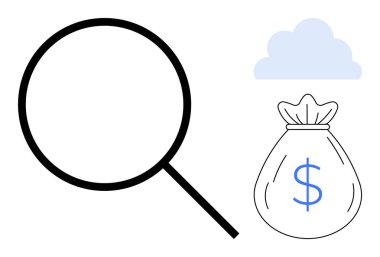 Büyüteç, dolar işaretli para çantası ve bulut elemanı mali arama, online bankacılık ve dijital tasarruf sağlayın. Finans, yatırım, analiz, fintech strateji ekonomisi için ideal