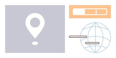 Abstract location marker, progress bar, and wireframe globe emphasize navigation, tracking, and global reach. Ideal for technology, logistics, communication, progress efficiency global networking