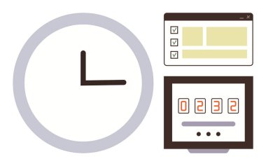 Analog clock, checklist interface, and digital counter focusing on task tracking, scheduling, and deadline management. Ideal for productivity, planning, accountability, organization workplace
