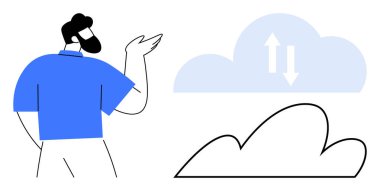 Person gesturing towards cloud with upload and download arrows, conveying communication, sharing, automation, and data. Ideal for technology, communication, business, cloud computing data transfer