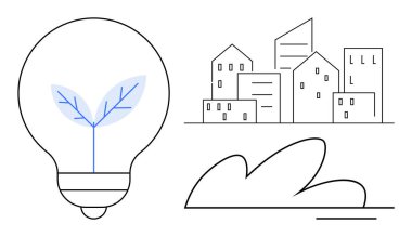 Lightbulb with plant symbolizing green energy, minimalistic cityscape, and cloud. Ideal for sustainability, innovation, energy conservation, urban design, eco-living, environmental awareness simple