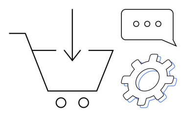 Shopping cart with a downward arrow, gear for settings or operations, and speech bubble. Ideal for online shopping, customer service, automation, configuration, sales strategy, e-commerce simple