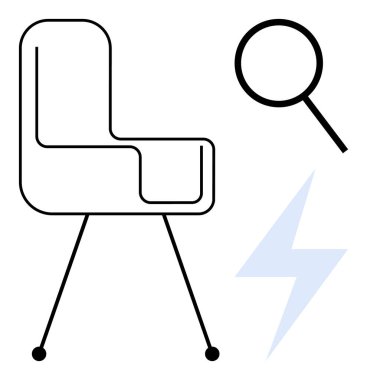 Büyüteç ve yıldırımın yanında minimalist sandalye analiz, verimlilik ve enerji gösteriyor. Modernlik, yenilik, mobilya tasarımı, yaratıcılık, odak, enerji için ideal