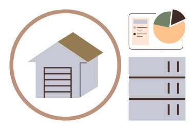 Depo, raf rafları ve veri analizi grafikleri. Lojistik, envanter, iş stratejisi, tedarik zinciri, analitik, kaynak tahsisi için ideal basit düz metafor