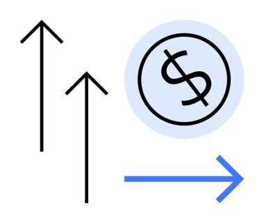 Mavi bir okun yanında yukarı doğru çıkan üç kalın ok ve bir dolar işareti çemberi. Finans, iş büyümesi, ekonomi, yatırım, zenginlik, strateji ve başarı için ideal. Basit düz metafor